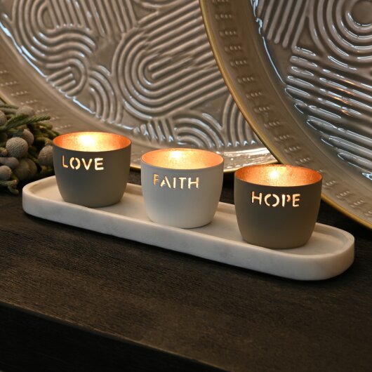 GIFTY  Madras Windlicht XS 3er Set  LOVE / FAITH / HOPE ca. 4,5x5,7cm flannel / weiß / sandstone