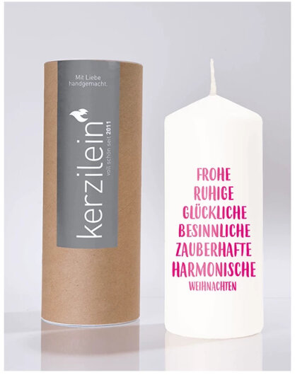 MEA Stumpenkerze groß, weiß / neon pink "Frohe, Ruhige,Glückliche,..Weihnachten"