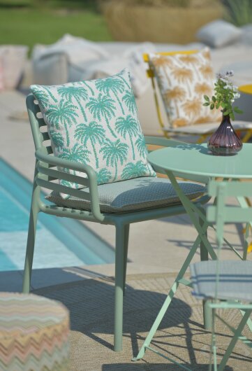 H.O.C.K. Vamosa Palms Outdoor Hocker Pouf ø40x45cm rund aqua türkis-green Palmen