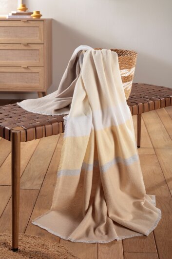 BIEDERLACK Decke Plaid Tagesdecke "Sand Stripe" Beige gestreift mit Fransen 130x170cm