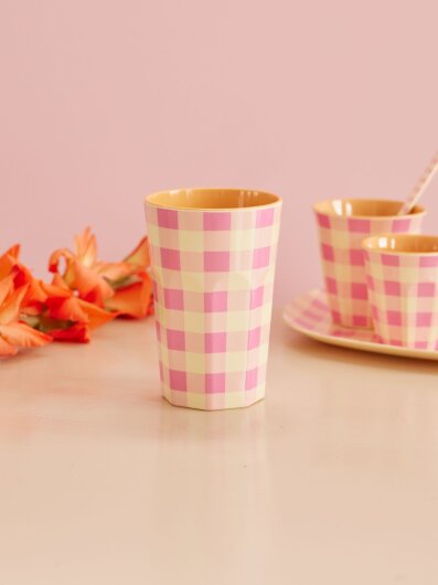 RICE Melamine Cup Tasse großer Becher pink creme kariert