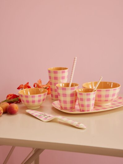 RICE Melamine Cup Tasse großer Becher pink creme kariert