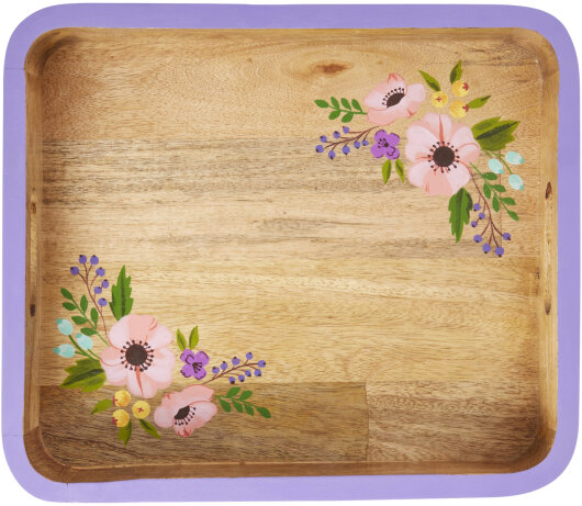 RICE Tablett kleines rechteckiges Holztablett handbemalt lila Flowerprint ca. 34x30cm