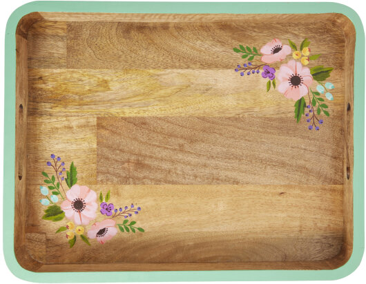 RICE Tablett großes rechteckiges Holztablett handbemalt mint grün Flowerprint ca. 45x35cm