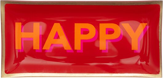 GIFTY Glasteller eckig L / Happy in rot mit orangener Schrift ca. 10x0,8x21cm
